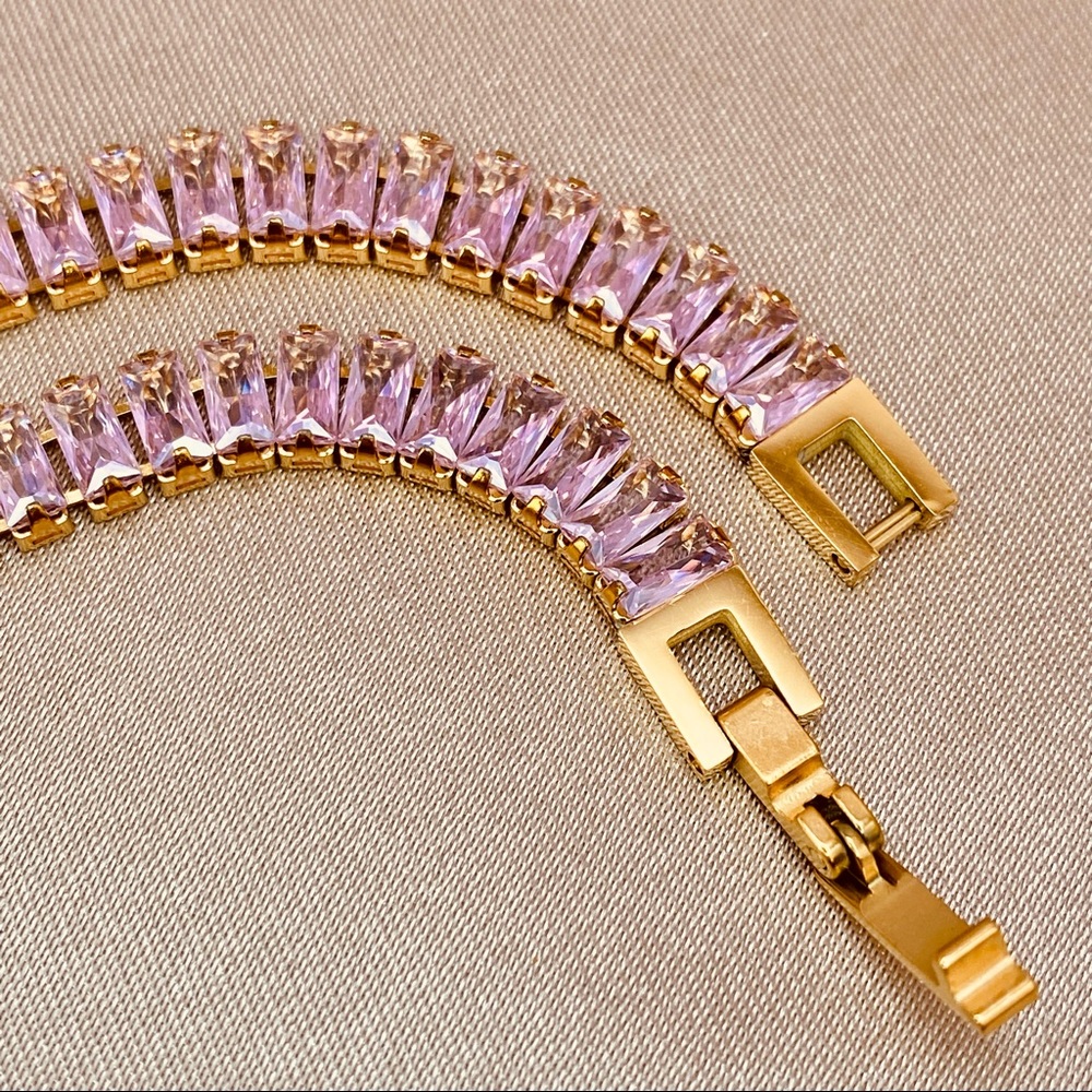 18K Gold Baguette Pastel Pink High Polished Zircon Choker Necklace - Picture 8 of 10